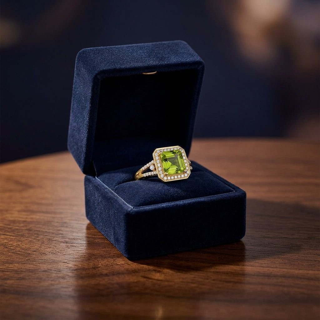 Peridot And Diamond Octagon Halo Ring In 14k Yellow Gold — gift presentation