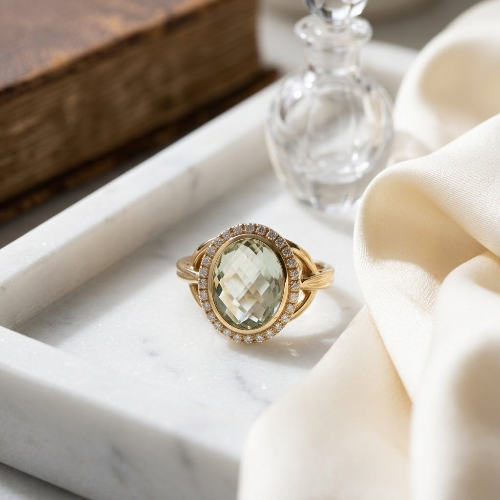 Green Amethyst Oval  And Pave Diamond Halo Ring In 14k Yellow Gold (10x8mm) — atelier still life