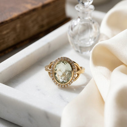 Green Amethyst Oval  And Pave Diamond Halo Ring In 14k Yellow Gold (10x8mm) — atelier still life