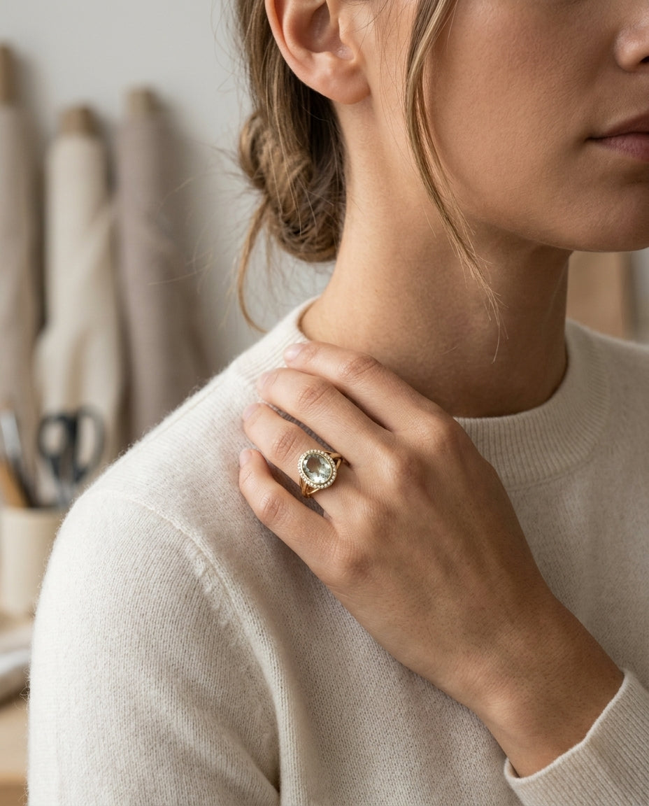 Green Amethyst Oval  And Pave Diamond Halo Ring In 14k Yellow Gold (10x8mm) — editorial close-up