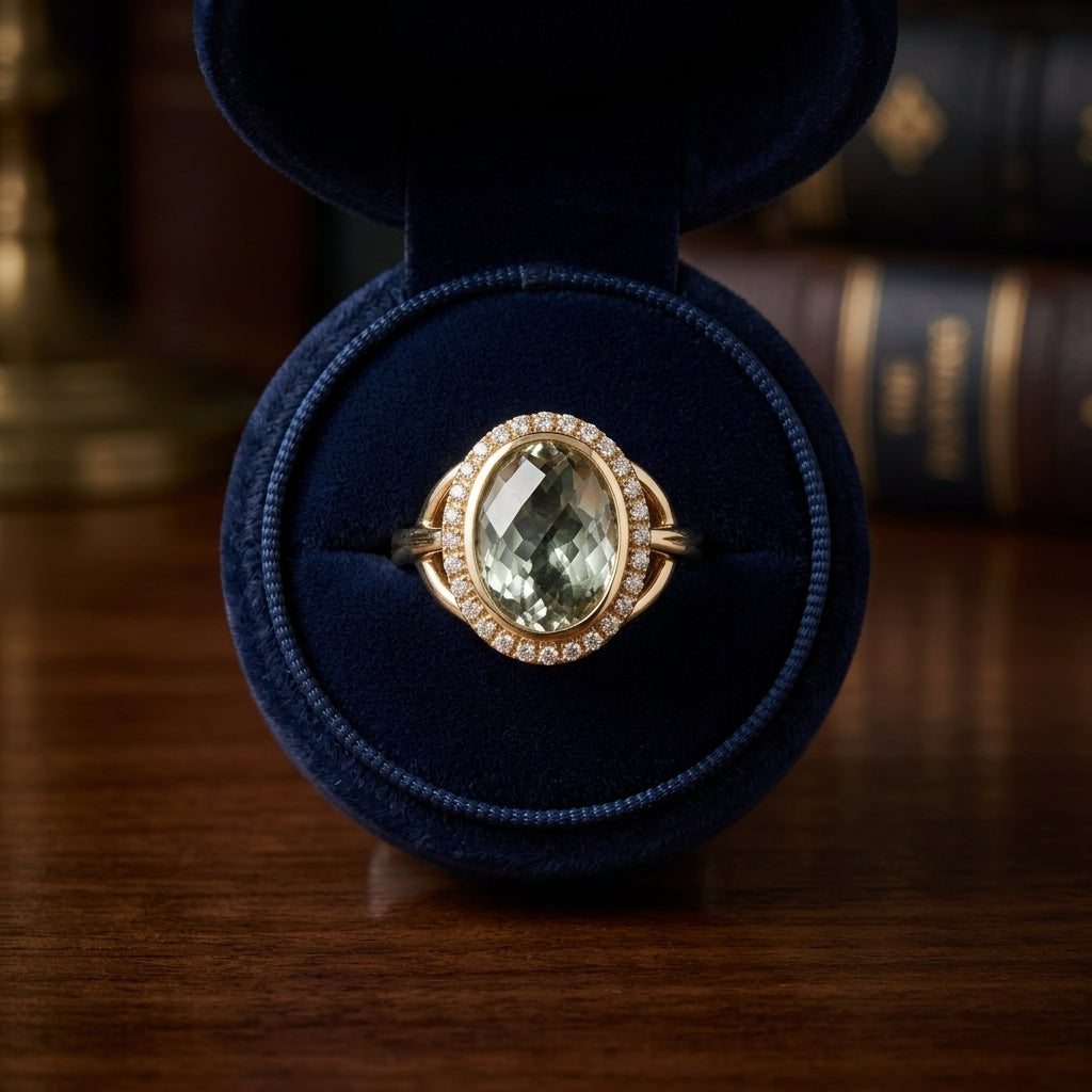 Green Amethyst Oval  And Pave Diamond Halo Ring In 14k Yellow Gold (10x8mm) — gift presentation