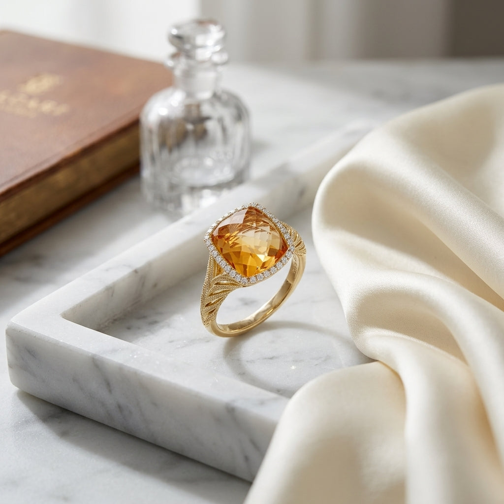 Citrine And Diamond Ring In 14k Yellow Gold — atelier still life