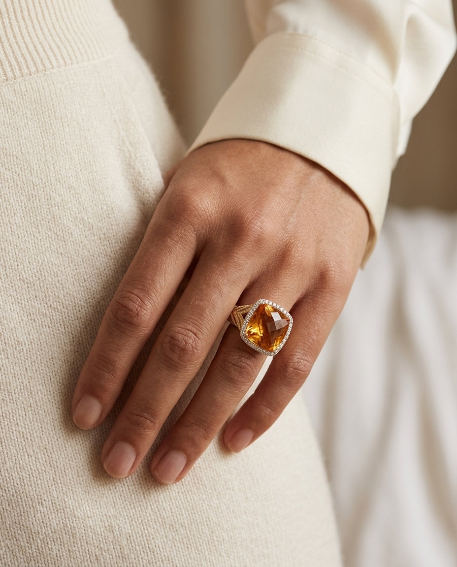 Citrine And Diamond Ring In 14k Yellow Gold — editorial close-up