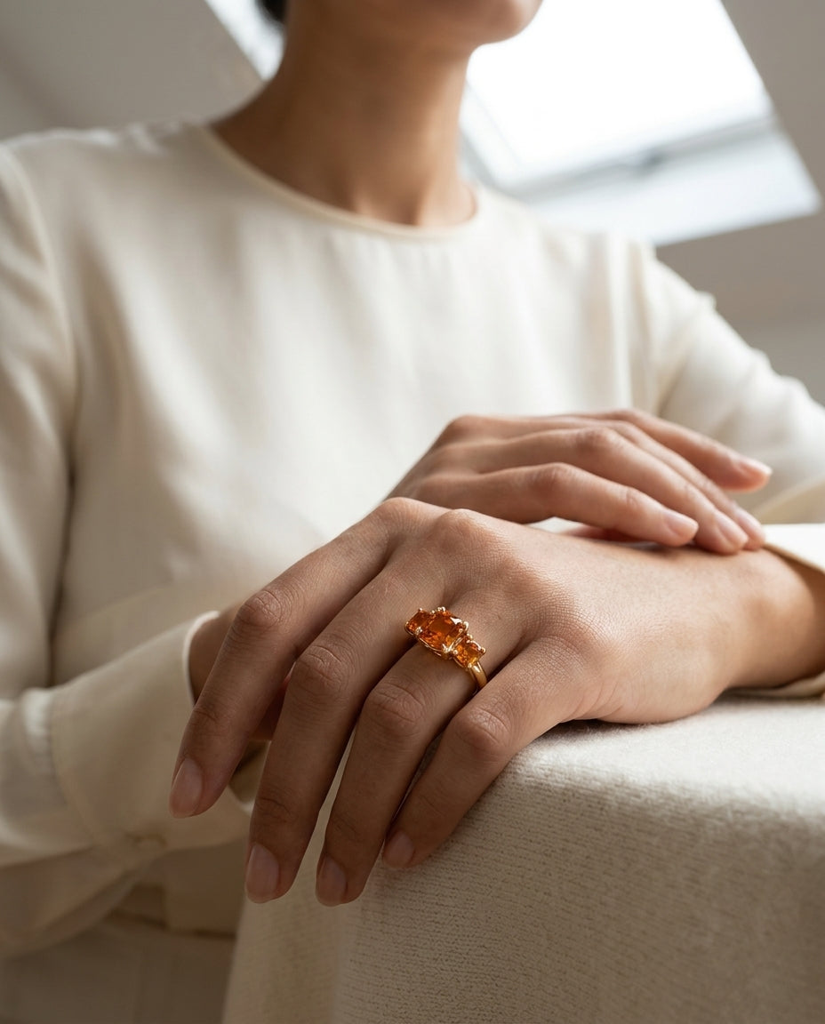 Citrine Three Stone Ring In 14k Yellow Gold — editorial close-up