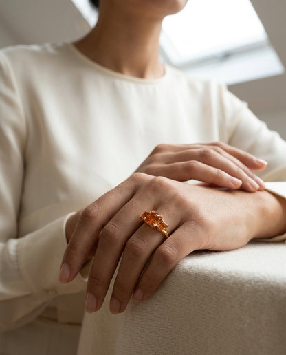 Citrine Three Stone Ring In 14k Yellow Gold — editorial close-up