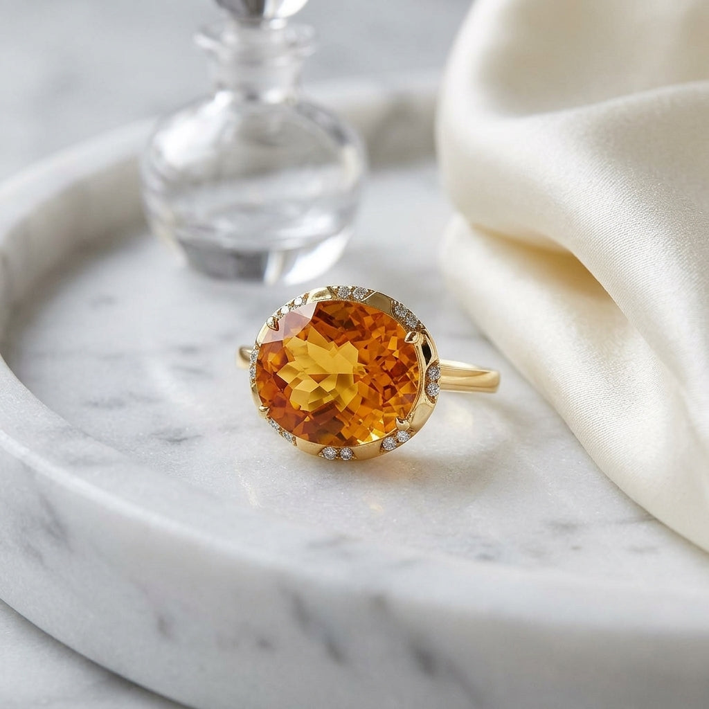 Citrine Checkerboard Oval And Diamond Ring In 14k Yellow Gold — atelier still life