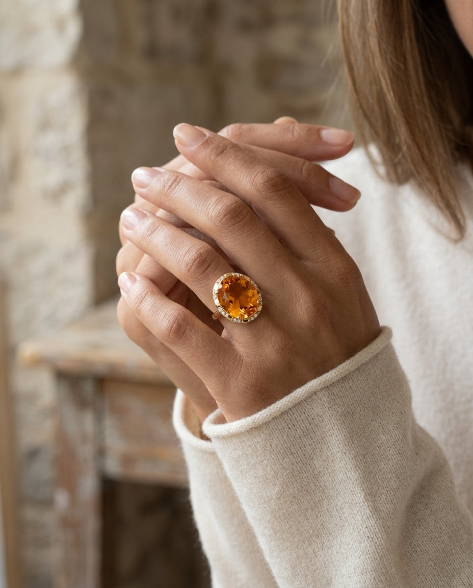 Citrine Checkerboard Oval And Diamond Ring In 14k Yellow Gold — editorial close-up