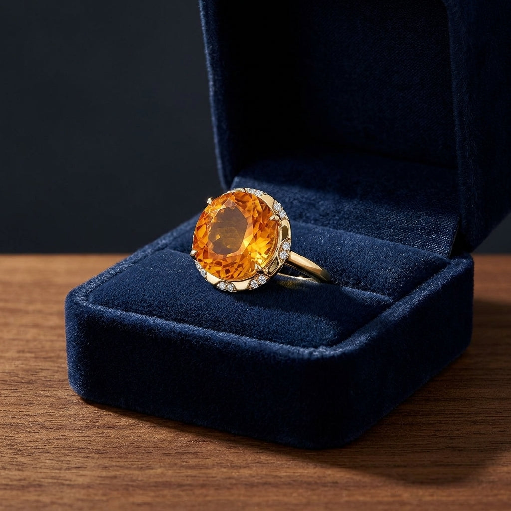Citrine Checkerboard Oval And Diamond Ring In 14k Yellow Gold — gift presentation