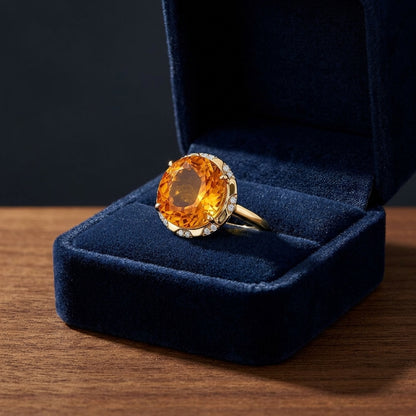 Citrine Checkerboard Oval And Diamond Ring In 14k Yellow Gold — gift presentation