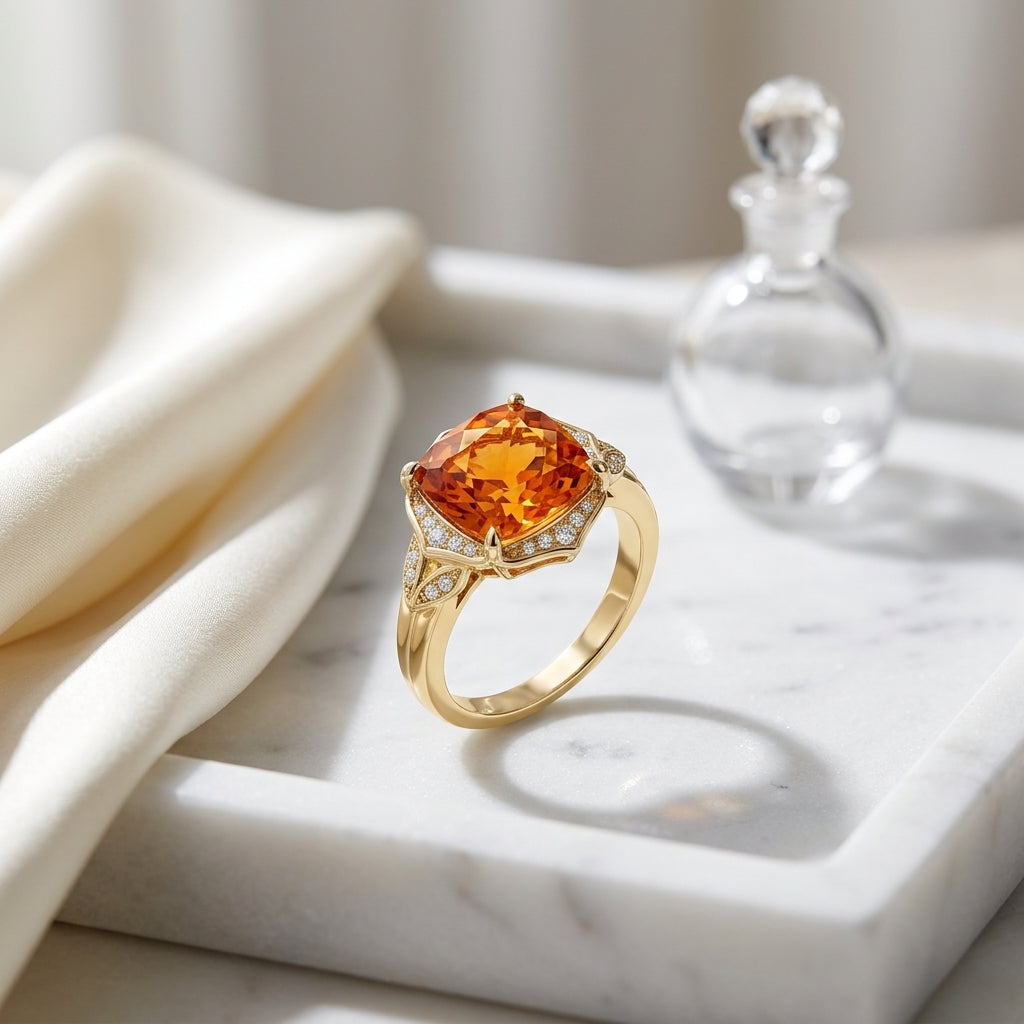 Citrine Cushion And Diamond Ring In 14k Yellow Gold — atelier still life