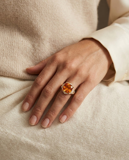Citrine Cushion And Diamond Ring In 14k Yellow Gold — editorial close-up