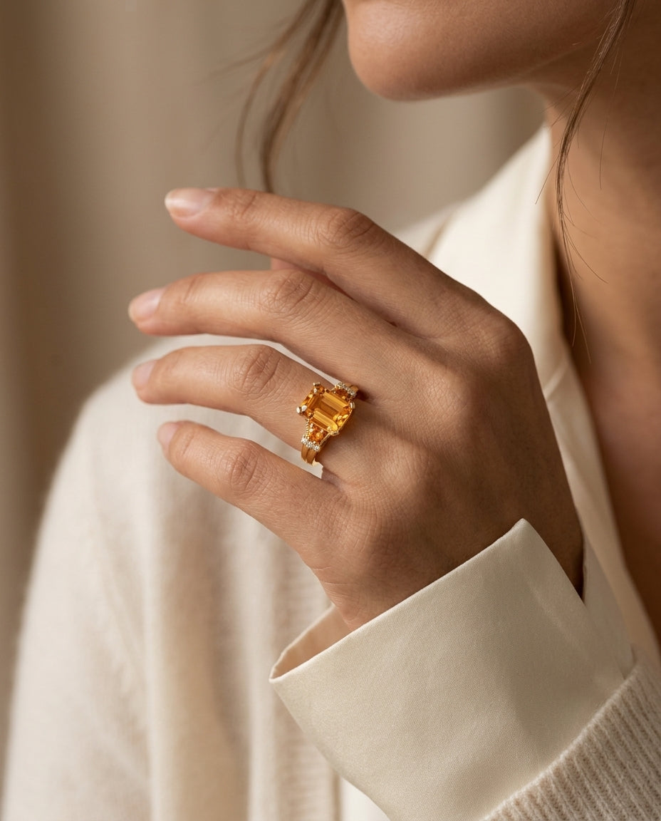 Emerald Cut Citrine And Diamond Ring In 14k Yellow Gold — editorial close-up