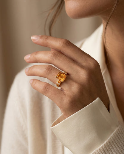Emerald Cut Citrine And Diamond Ring In 14k Yellow Gold — editorial close-up