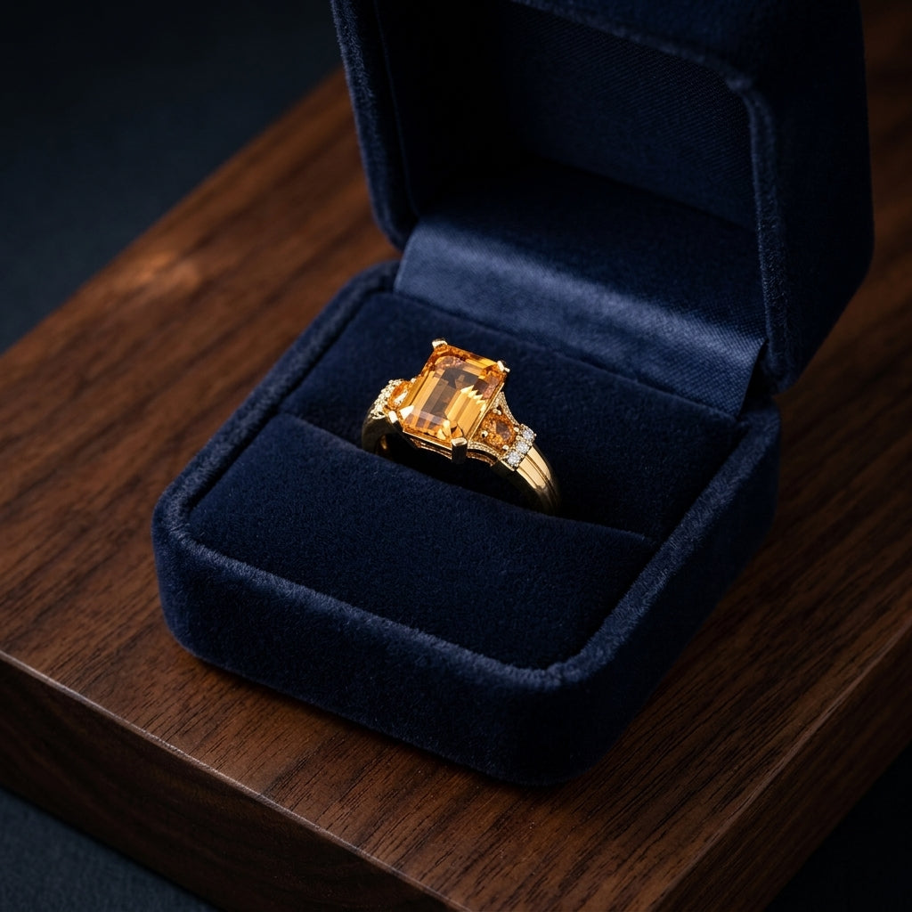 Emerald Cut Citrine And Diamond Ring In 14k Yellow Gold — gift presentation