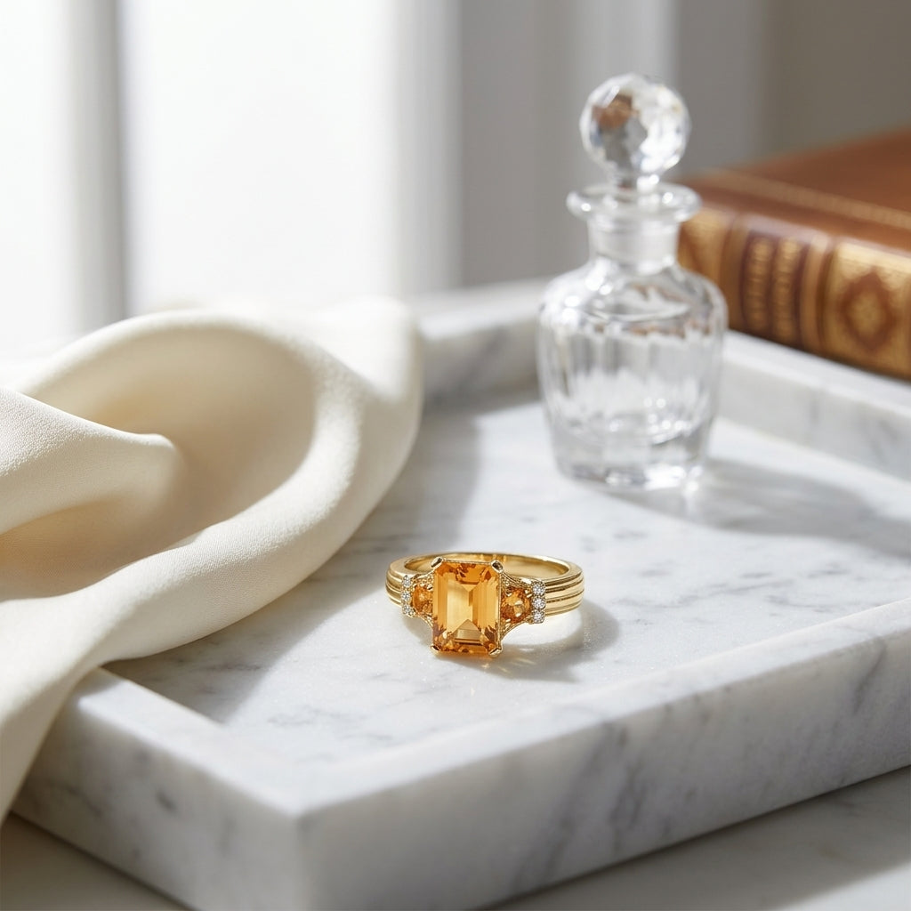 Citrine Emerald Cut Citrine And Diamond Ring In 14k Yellow Gold — atelier still life