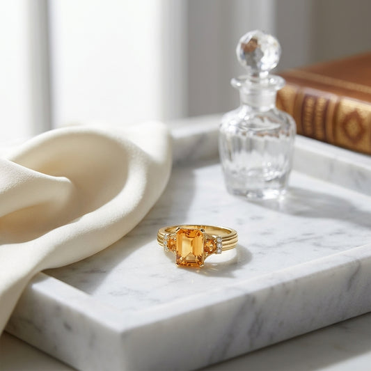 Citrine Emerald Cut Citrine And Diamond Ring In 14k Yellow Gold — atelier still life