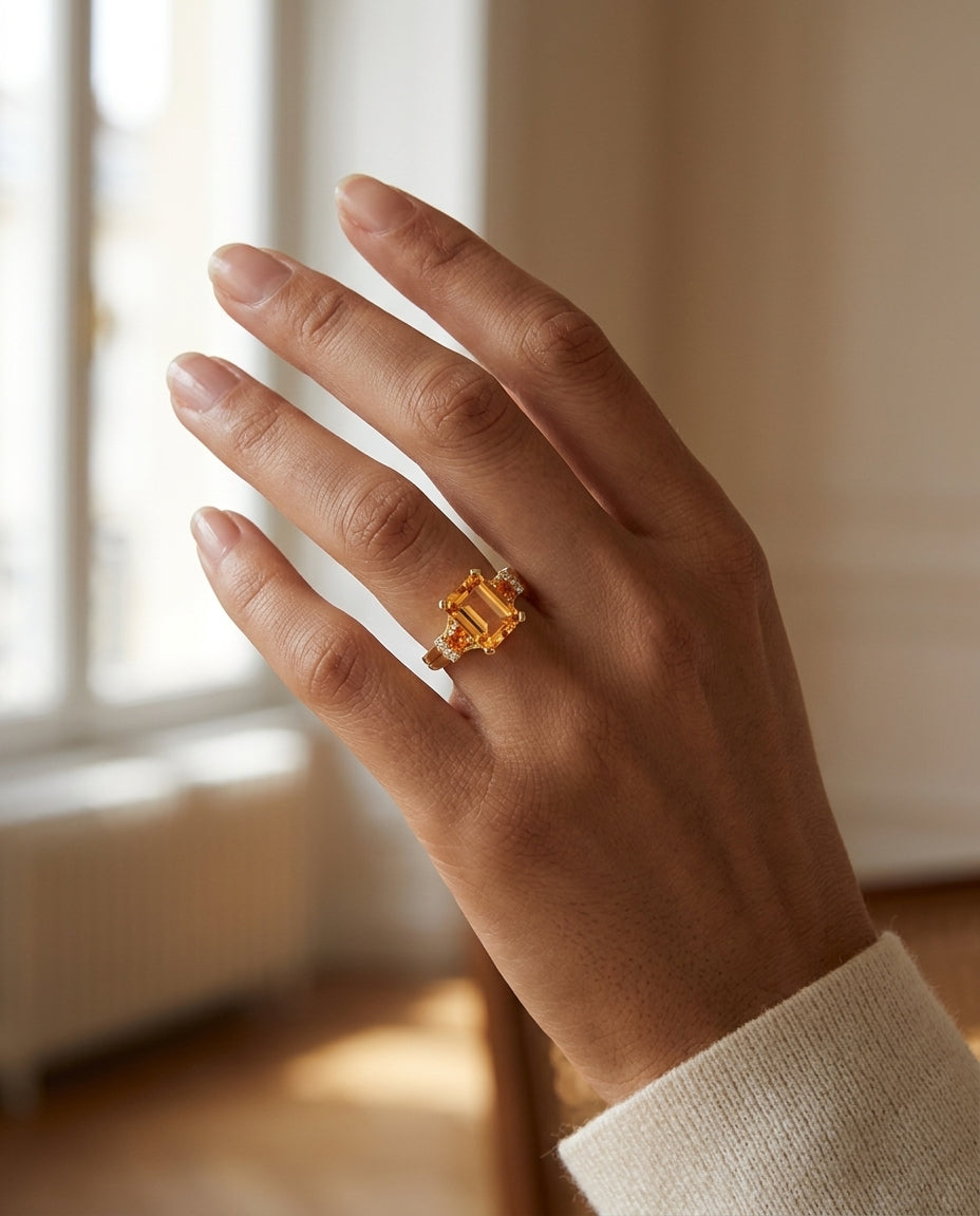 Citrine Emerald Cut Citrine And Diamond Ring In 14k Yellow Gold — editorial close-up
