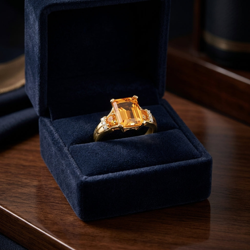 Citrine Emerald Cut Citrine And Diamond Ring In 14k Yellow Gold — gift presentation