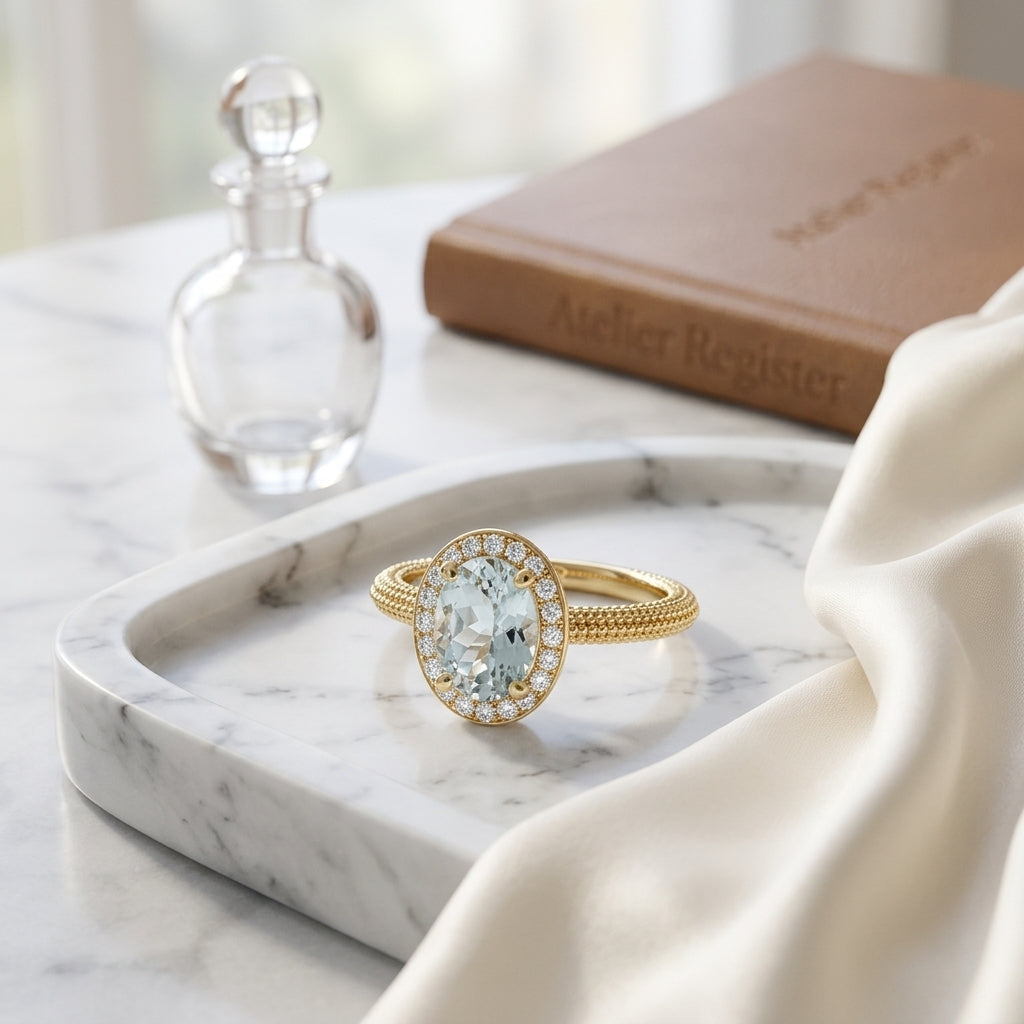 Aquamarine And Diamond Halo Ring In 14k Yellow Gold (8x6mm) — atelier still life
