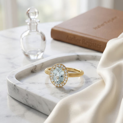 Aquamarine And Diamond Halo Ring In 14k Yellow Gold (8x6mm) — atelier still life