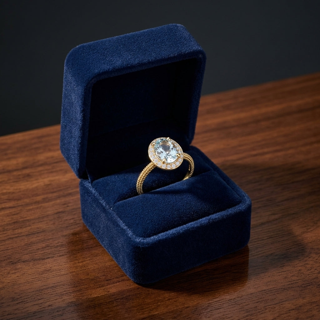 Aquamarine And Diamond Halo Ring In 14k Yellow Gold (8x6mm) — gift presentation