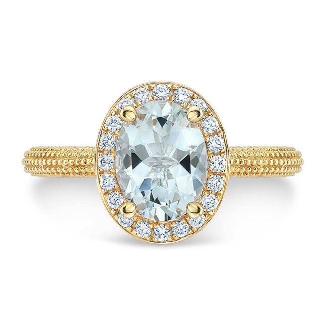 Aquamarine And Diamond Halo Ring In 14k Yellow Gold (8x6mm)