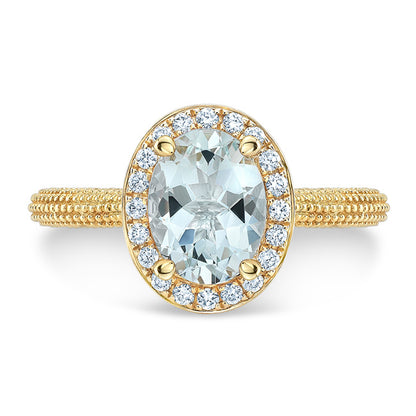 Aquamarine And Diamond Halo Ring In 14k Yellow Gold (8x6mm)