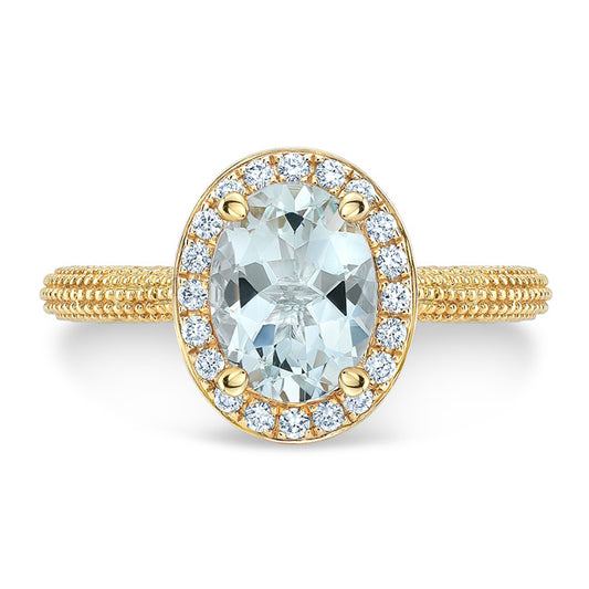 Aquamarine And Diamond Halo Ring In 14k Yellow Gold (8x6mm)
