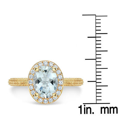 Aquamarine And Diamond Halo Ring In 14k Yellow Gold (8x6mm)