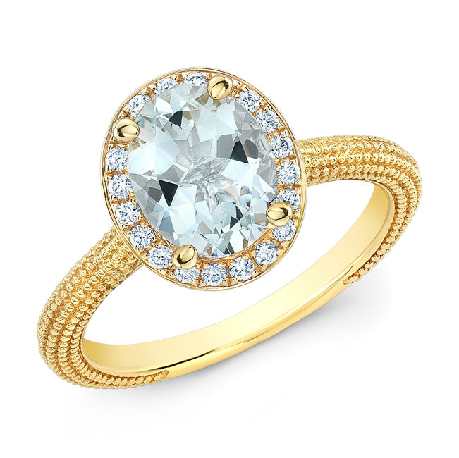Aquamarine And Diamond Halo Ring In 14k Yellow Gold (8x6mm)
