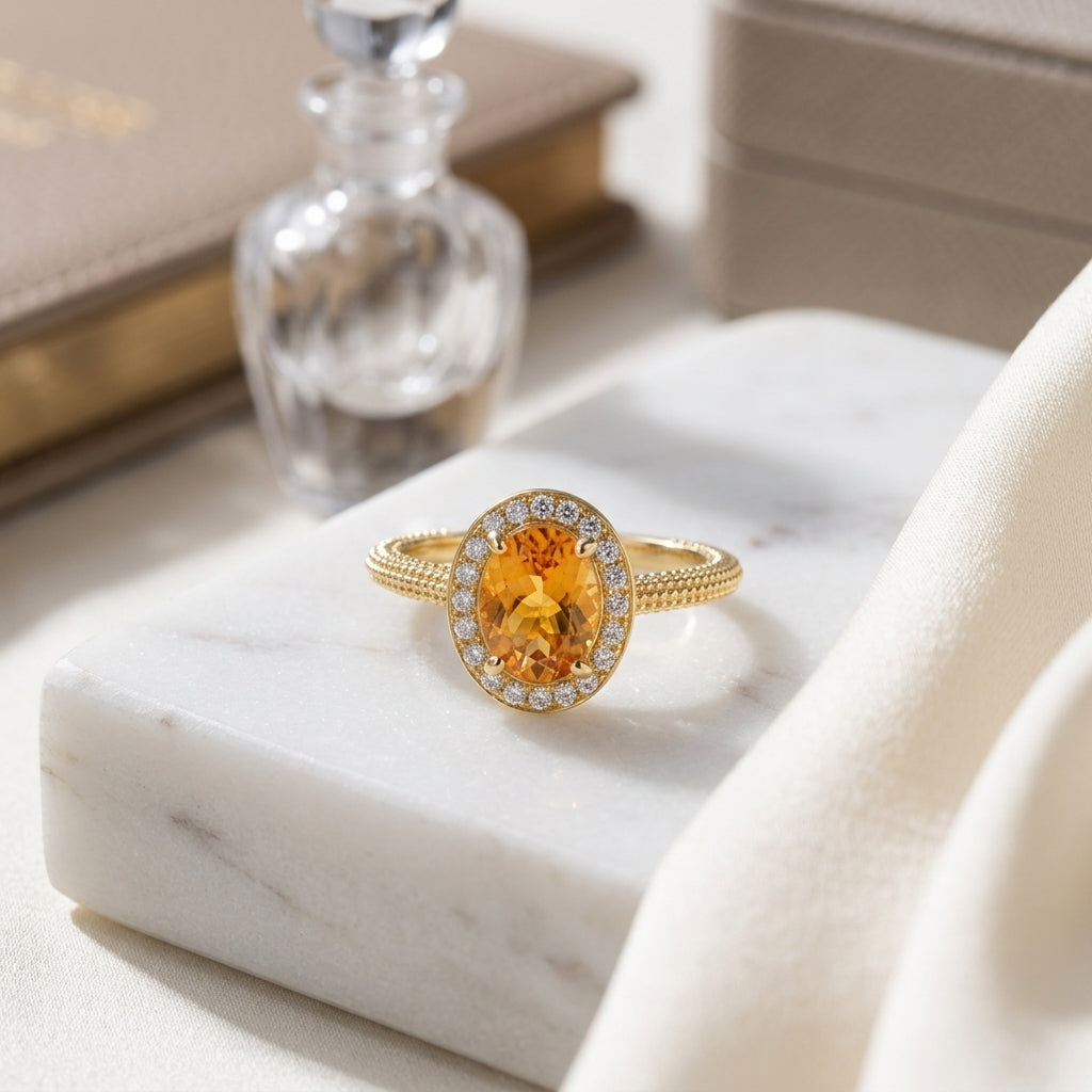 Oval Citrine And Diamond Halo Ring In 14k Yellow Gold (8x6mm) — atelier still life