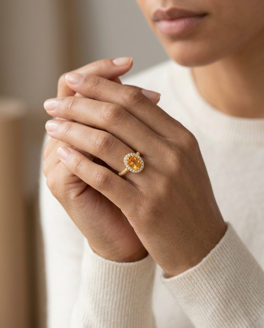 Oval Citrine And Diamond Halo Ring In 14k Yellow Gold (8x6mm) — editorial close-up