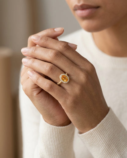Oval Citrine And Diamond Halo Ring In 14k Yellow Gold (8x6mm) — editorial close-up