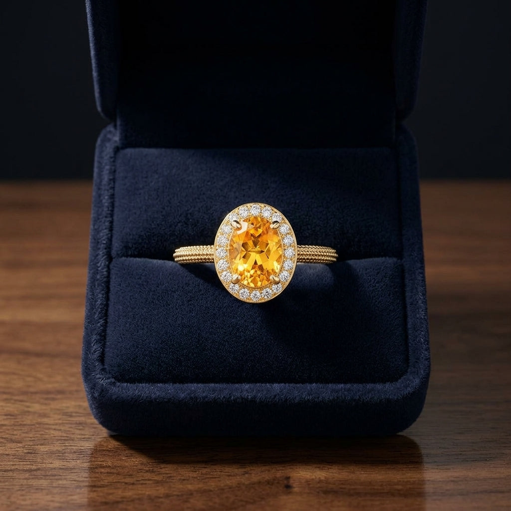 Oval Citrine And Diamond Halo Ring In 14k Yellow Gold (8x6mm) — gift presentation