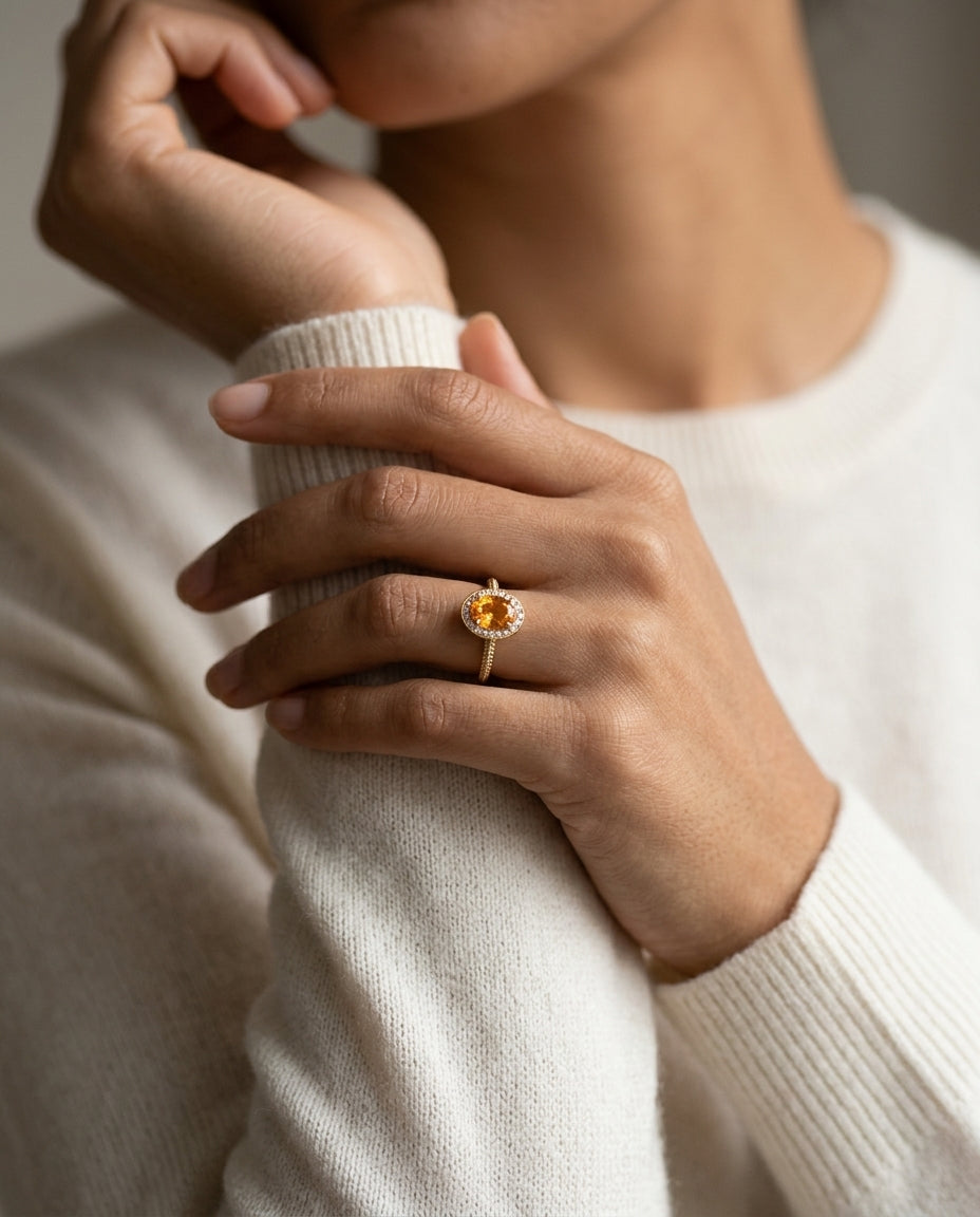 Oval Citrine And Diamond Halo Ring In 14k Yellow Gold (8x6mm) — editorial close-up