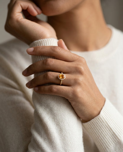 Oval Citrine And Diamond Halo Ring In 14k Yellow Gold (8x6mm) — editorial close-up