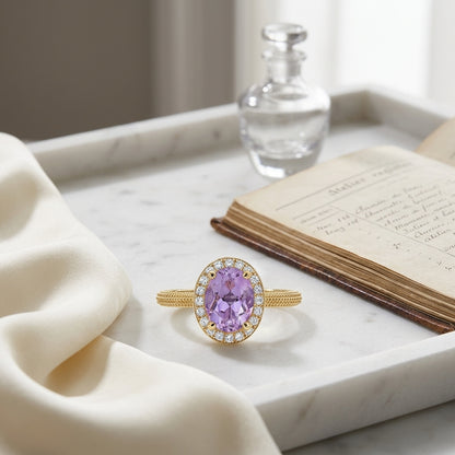 Oval Pink Amethyst And Diamond Halo Ring In 14k Yellow Gold (8x6mm) — atelier still life