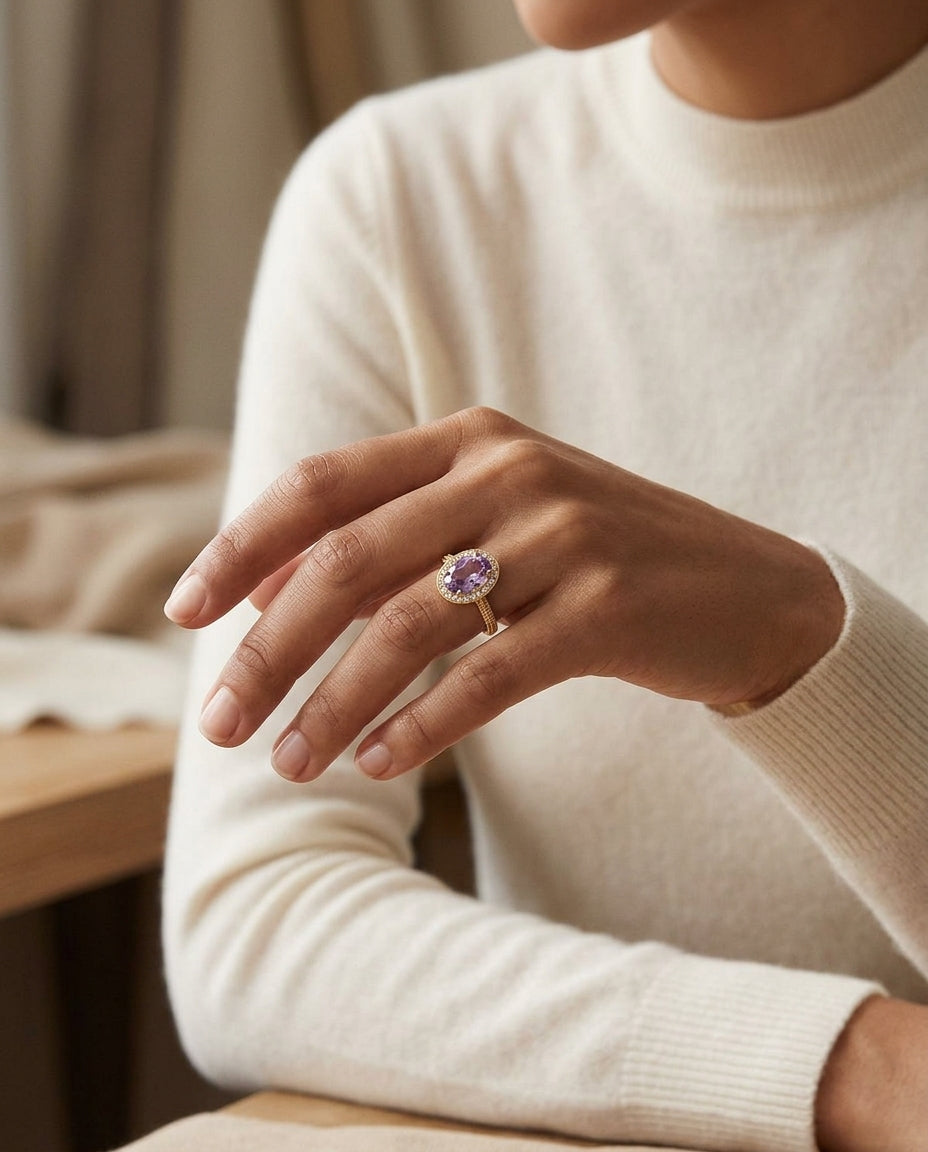 Oval Pink Amethyst And Diamond Halo Ring In 14k Yellow Gold (8x6mm) — editorial close-up