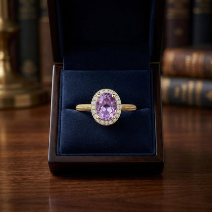Oval Pink Amethyst And Diamond Halo Ring In 14k Yellow Gold (8x6mm) — gift presentation