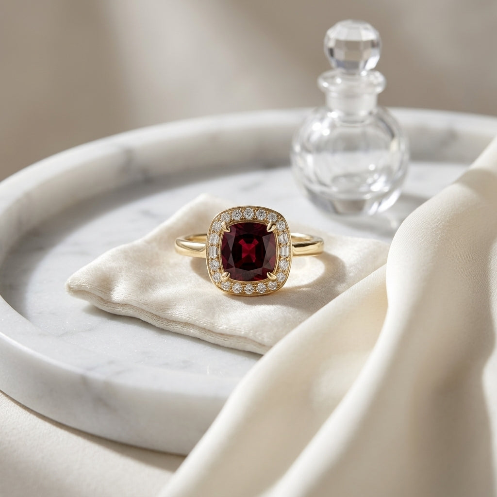 Garnet And Diamond Halo Ring In 14k Yellow Gold (7mm) — atelier still life
