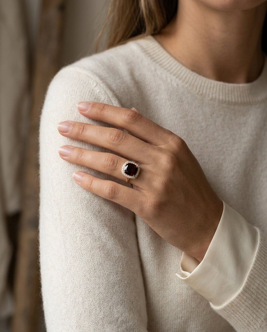 Garnet And Diamond Halo Ring In 14k Yellow Gold (7mm) — editorial close-up