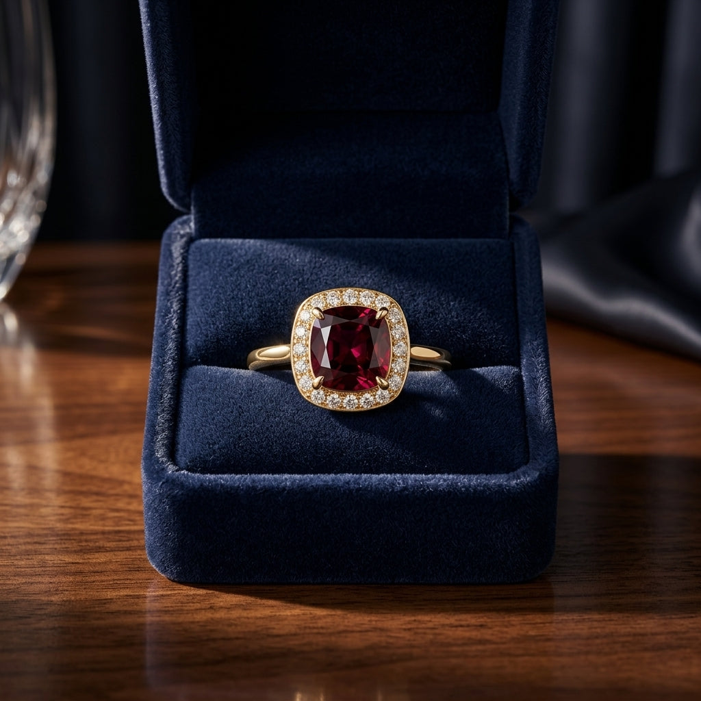 Garnet And Diamond Halo Ring In 14k Yellow Gold (7mm) — gift presentation