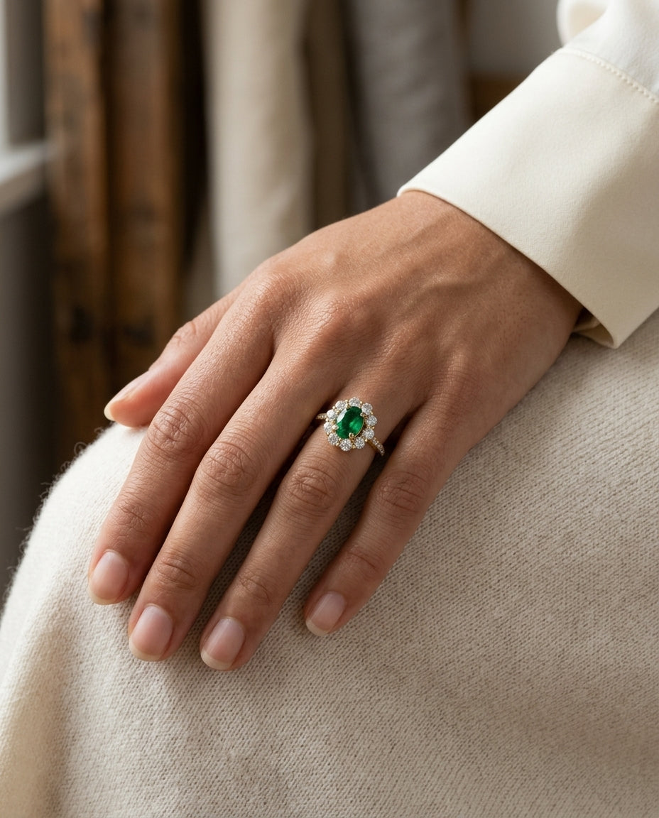 Oval Emerald And Diamond Ring In 14k Yellow Gold (8x6mm) — editorial close-up