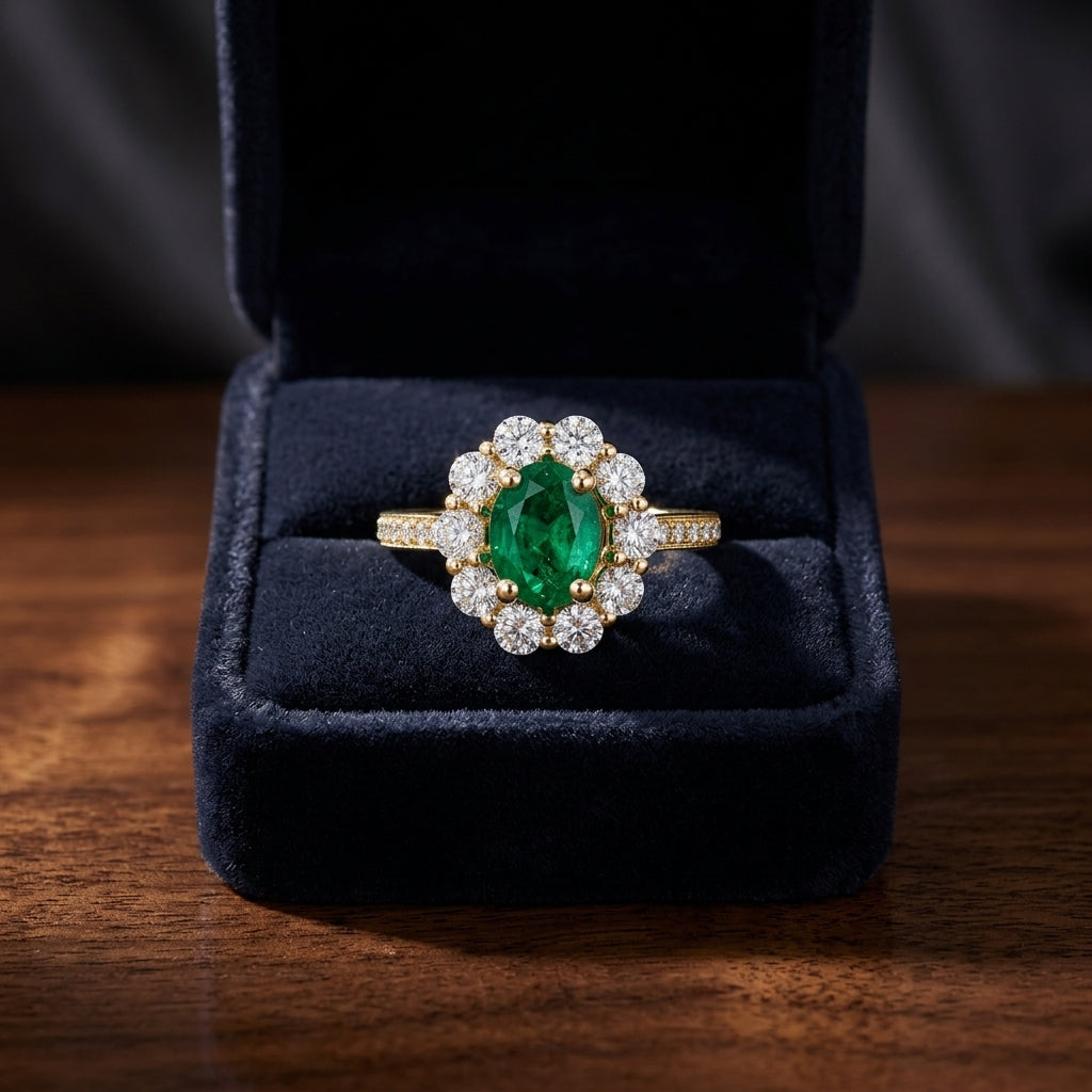 Oval Emerald And Diamond Ring In 14k Yellow Gold (8x6mm) — gift presentation