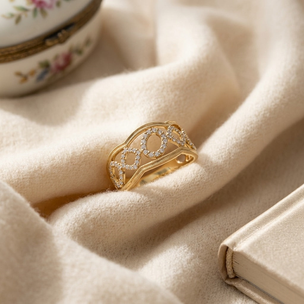 Delicate Diamond Ring In 14k Yellow Gold — textile flat lay