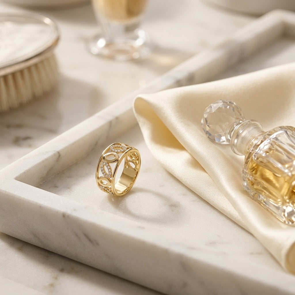 Delicate High Polish Diamond Ring In 14k Yellow Gold — marble silk