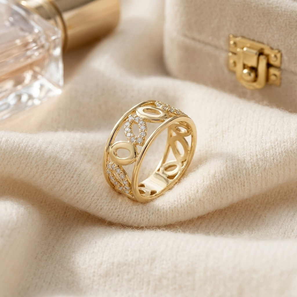 Delicate High Polish Diamond Ring In 14k Yellow Gold — textile flat lay