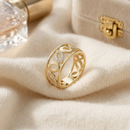 Delicate High Polish Diamond Ring In 14k Yellow Gold — textile flat lay