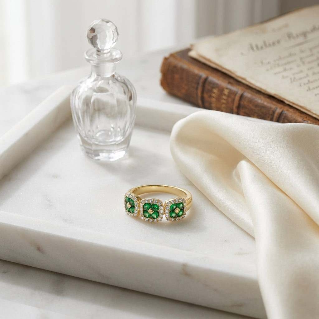 Created Emerald And Diamond 3-stone Inspired Ring In 14k Yellow Gold — atelier still life