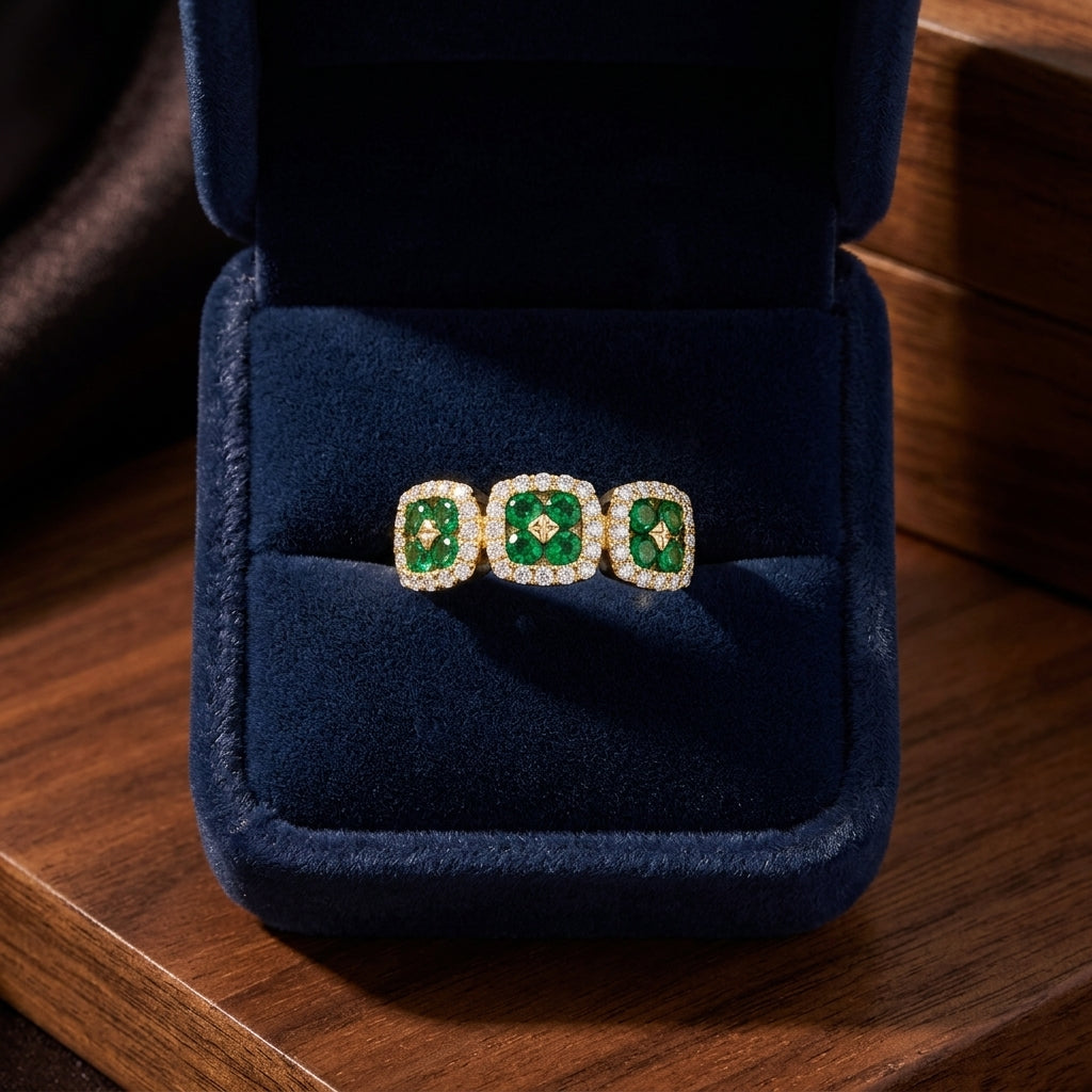 Created Emerald And Diamond 3-stone Inspired Ring In 14k Yellow Gold — gift presentation